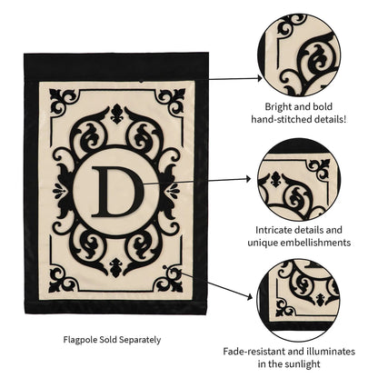 Cambridge Monogram Garden Applique Flag D beige with black scrollwork by Evergreen Enterprises on Tampa Home & Garden Store