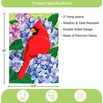 Red cardinal on hydrangeas applique garden flag 12.5x18 in Evergreen Enterprises on Tampa Home & Garden Store
