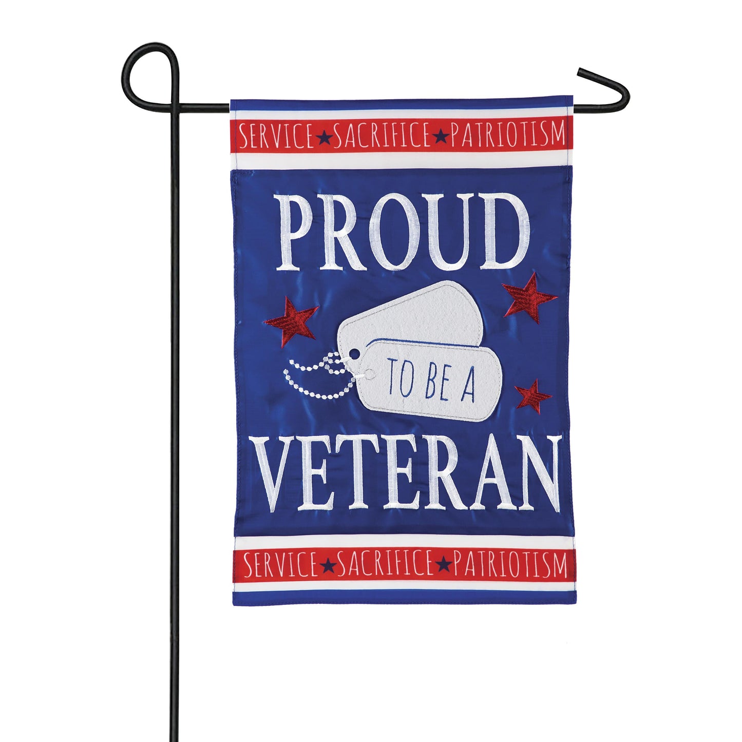 Proud Veteran Garden Applique Flag patriotic blue red white design on metal stake on Tampa Home & Garden Store