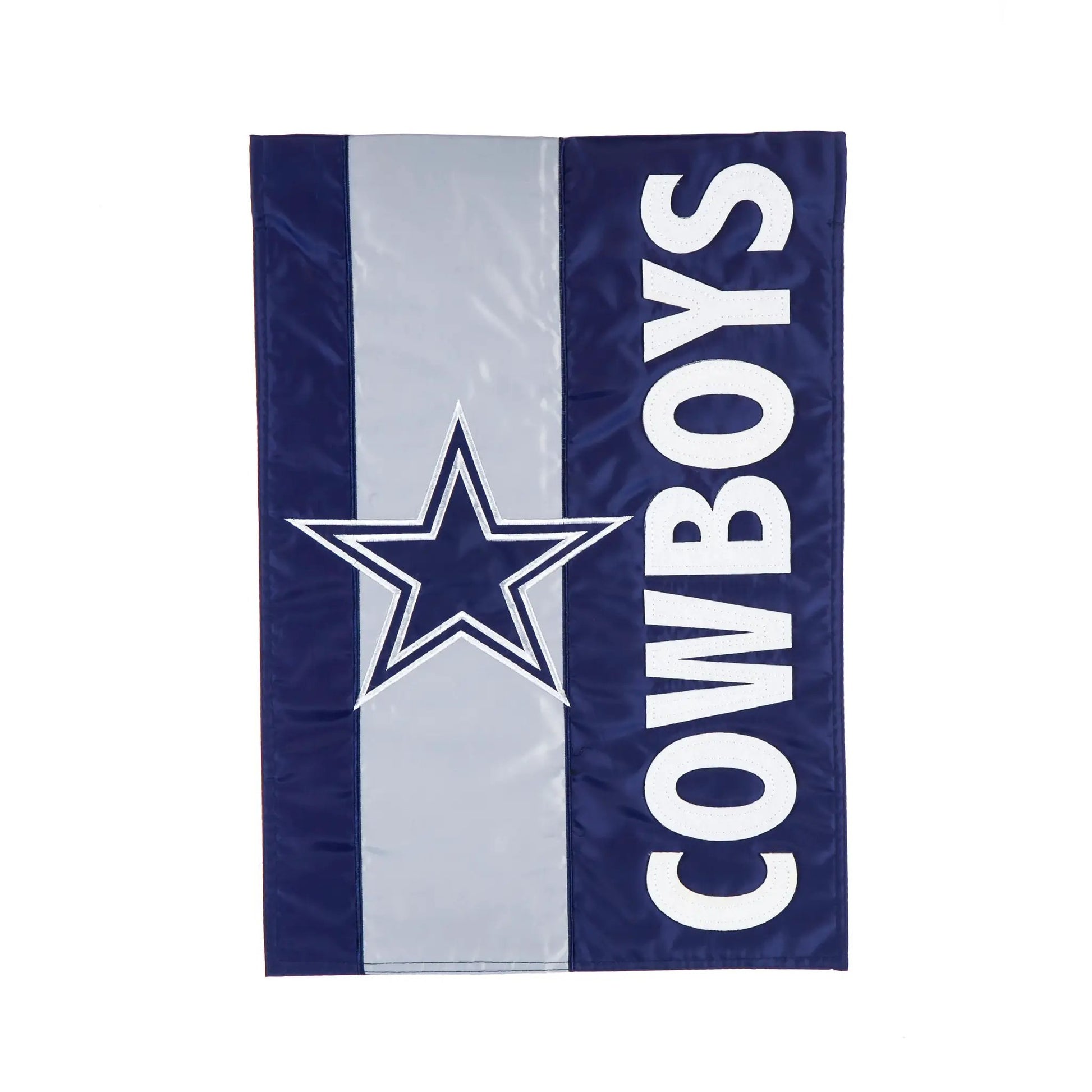 Dallas Cowboys Embellished Garden Flag with navy blue and grey panels and white appliqué letters on Tampa Home & Garden Store
