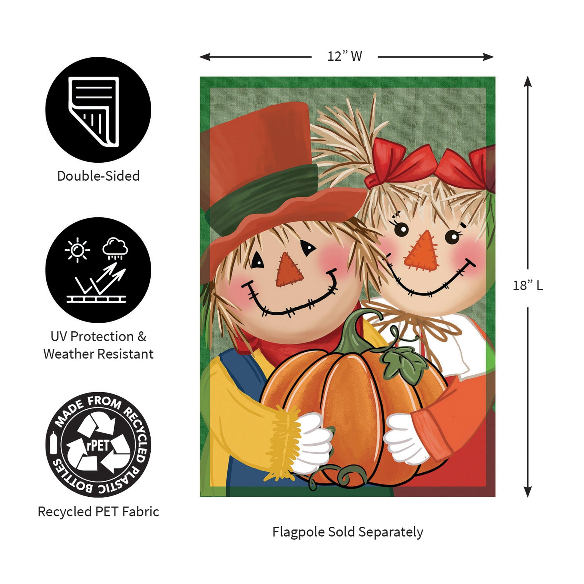 Couple Of Scarecrows Applique Garden Flag with two scarecrows and pumpkins in autumn colors on Tampa Home & Garden Store