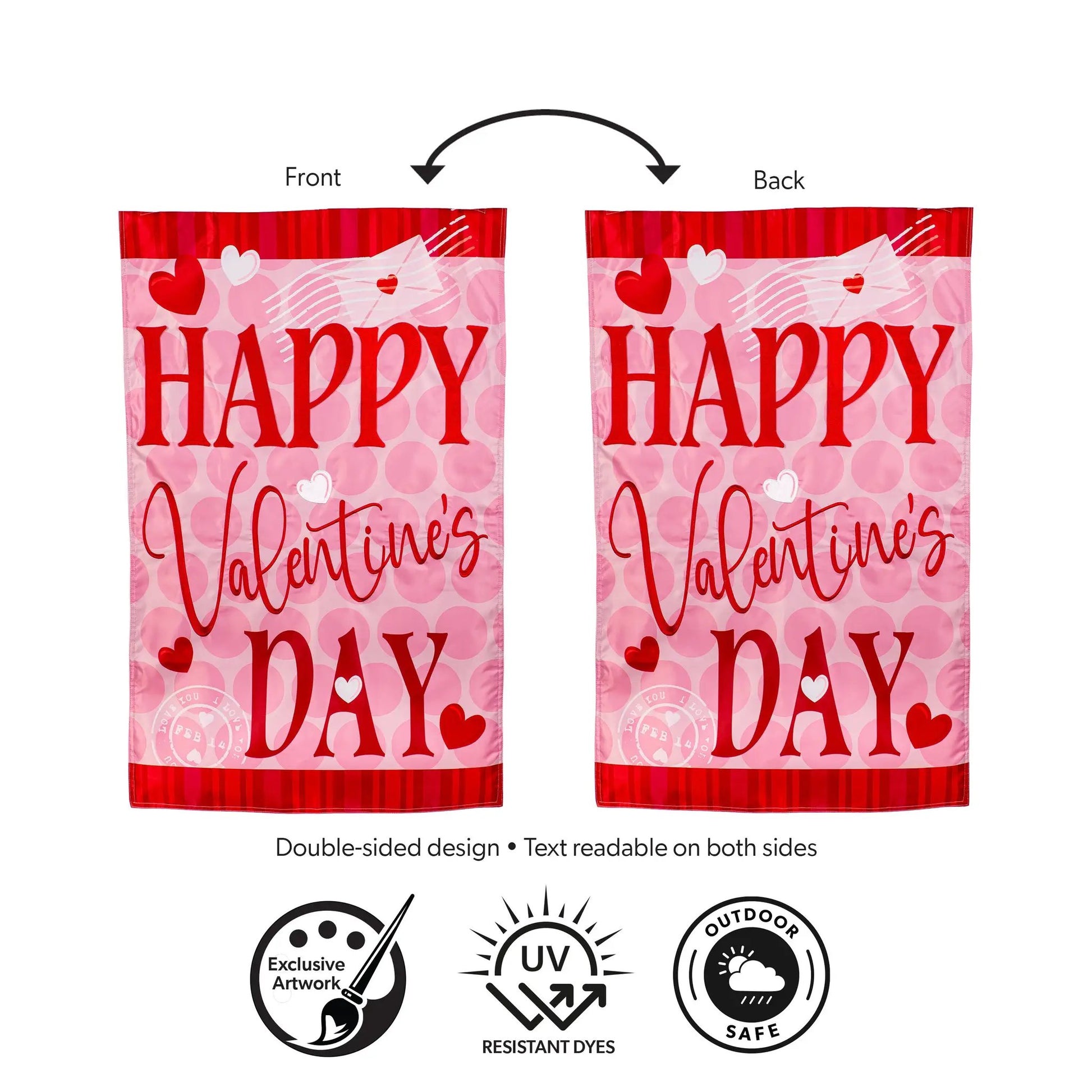 Happy Valentine's Day Hearts Applique Flag hearts by Evergreen Enterprises, double-sided on Tampa Home & Garden Store