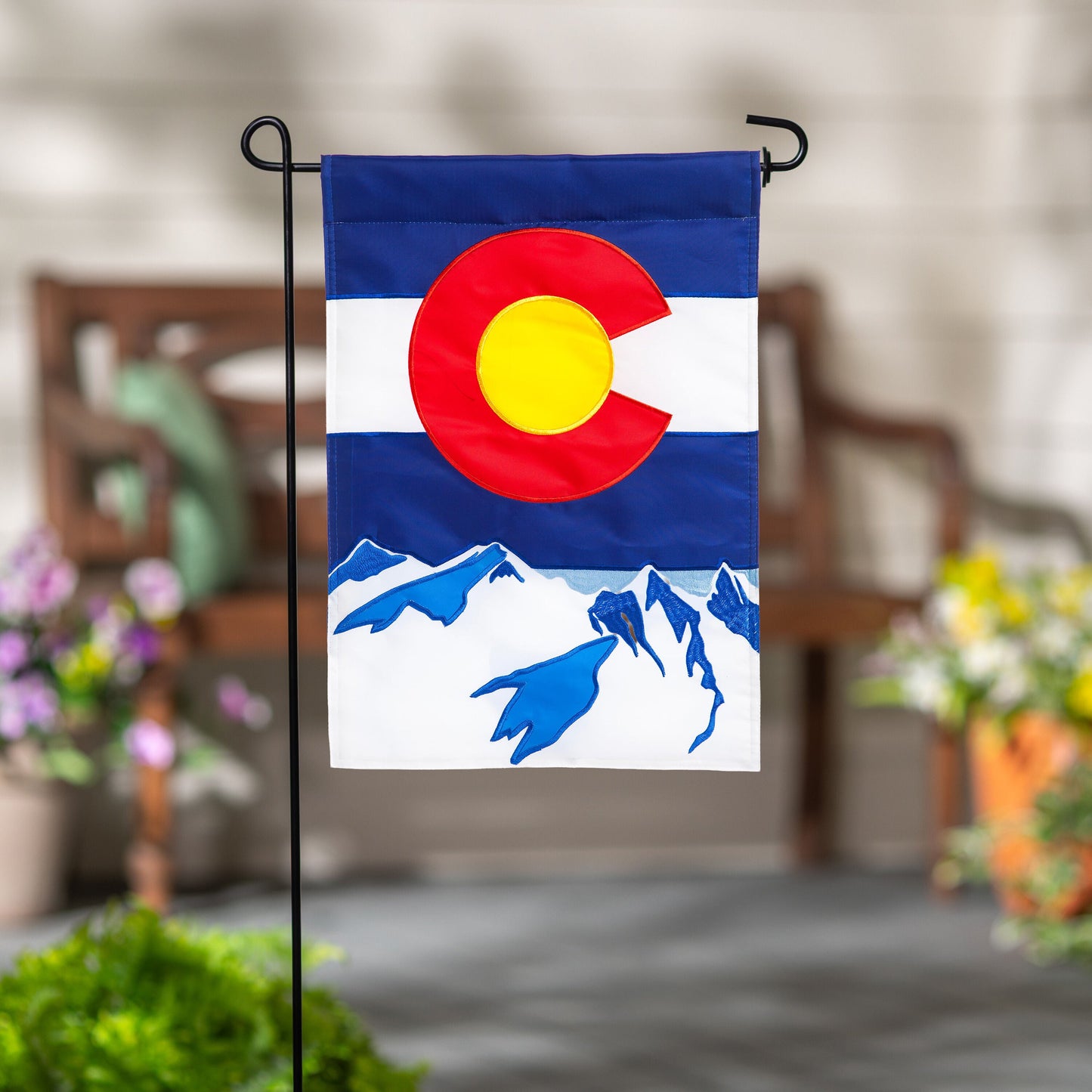 Colorado State Garden Applique Flag blue top with red sun over white field and blue mountains on Tampa Home & Garden Store
