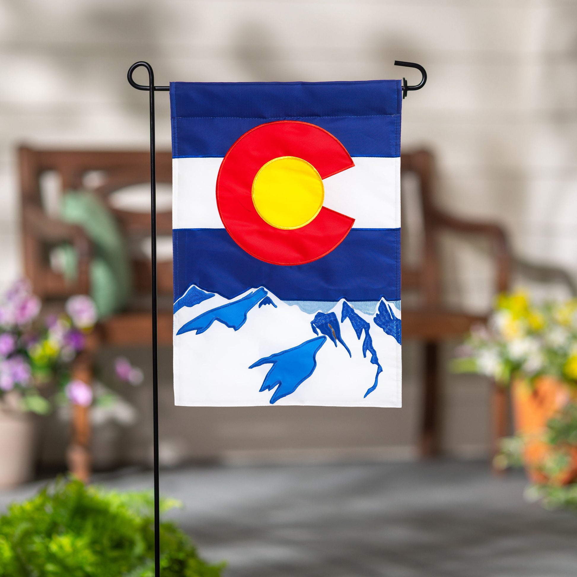 Colorado State Garden Applique Flag blue top with red sun over white field and blue mountains on Tampa Home & Garden Store