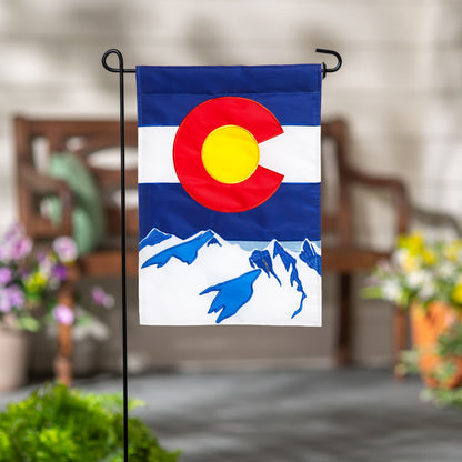 Colorado State Garden Applique Flag blue top with red sun over white field and blue mountains on Tampa Home & Garden Store