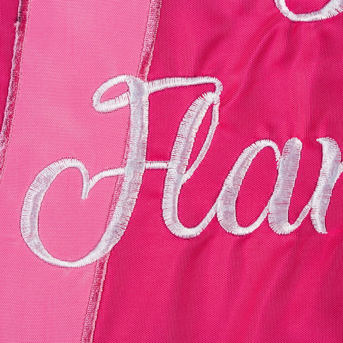 Let's Flamingle Garden Applique Flag pink fabric with white embroidered lettering on Tampa Home & Garden Store