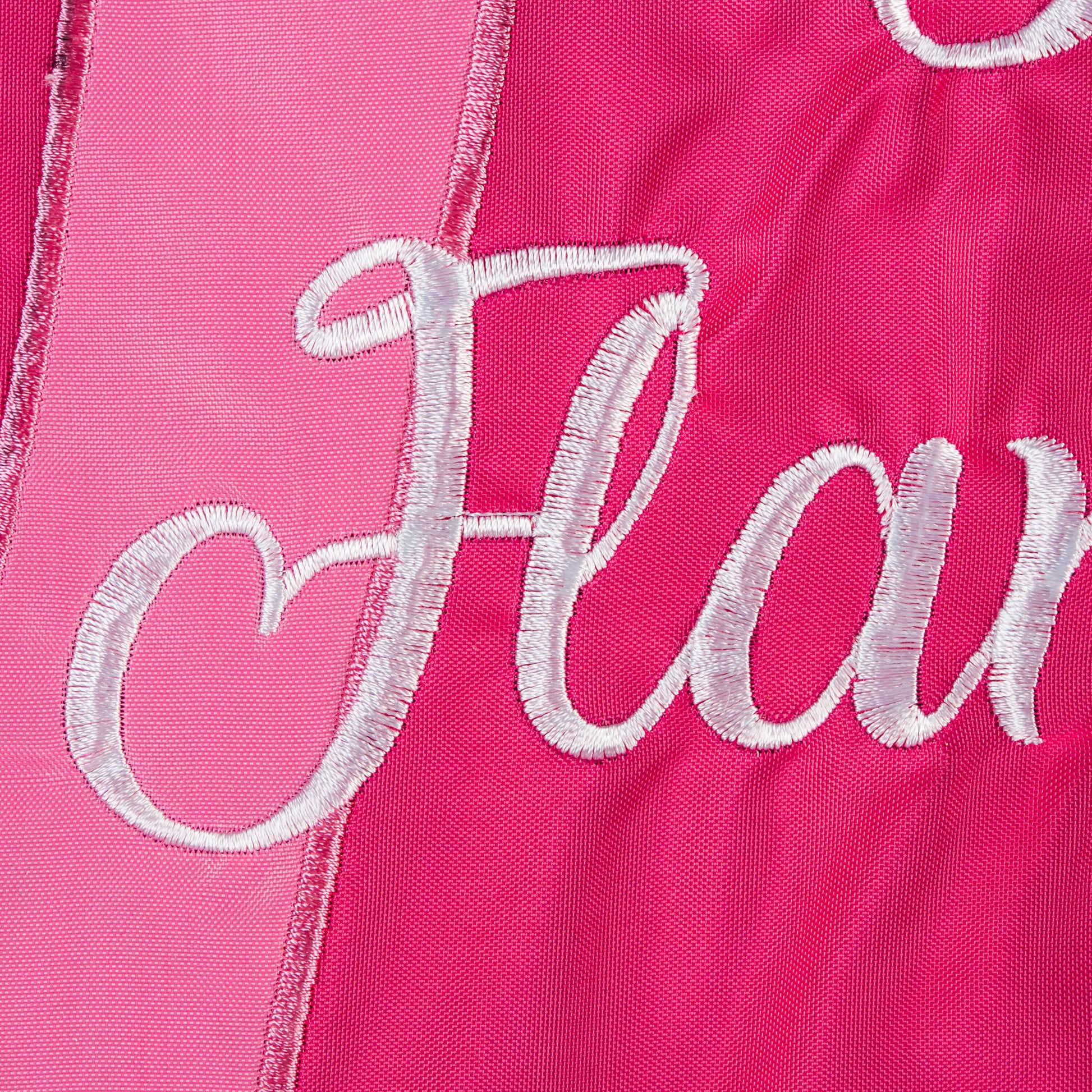 Let's Flamingle Garden Applique Flag pink fabric with white embroidered lettering on Tampa Home & Garden Store