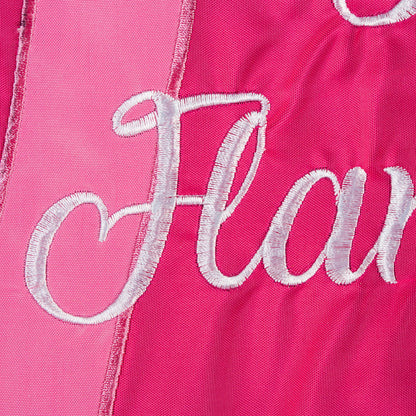 Let's Flamingle Garden Applique Flag pink fabric with white embroidered lettering on Tampa Home & Garden Store