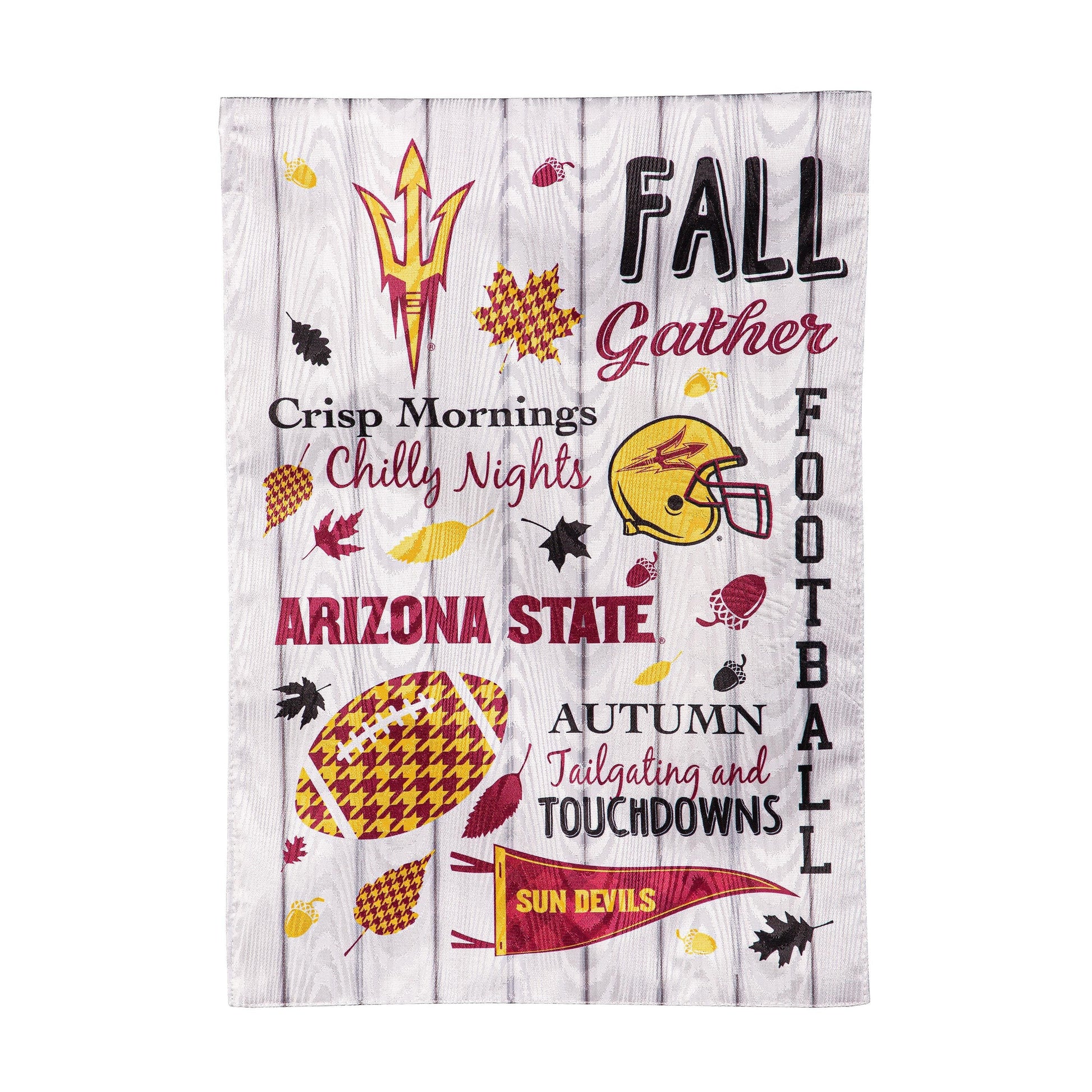 Arizona State University moire flag with fall graphics and football helmet on wood backdrop on Tampa Home & Garden Store