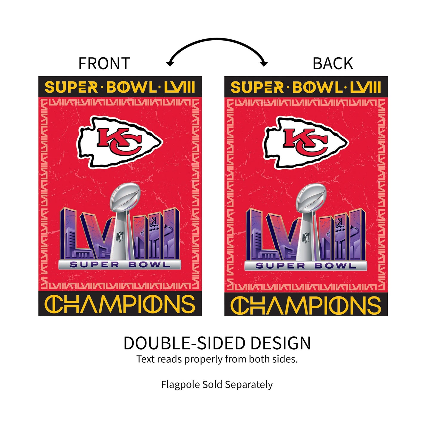 Suede house flag Kansas City Chiefs SB58 Champions double-sided with LVIII trophy on Tampa Home & Garden Store