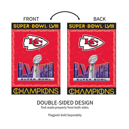 Suede house flag Kansas City Chiefs SB58 Champions double-sided with LVIII trophy on Tampa Home & Garden Store