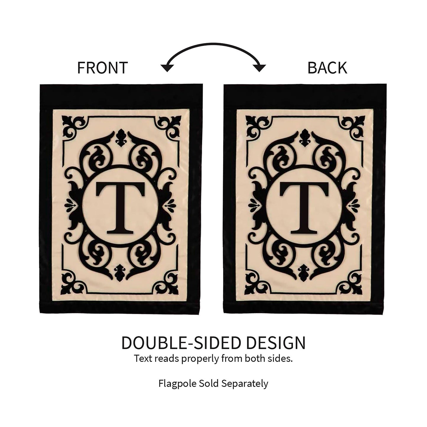 Cambridge Monogram Garden Applique Flag Letter T beige panel with black ornate frame two-sided on Tampa Home & Garden Store