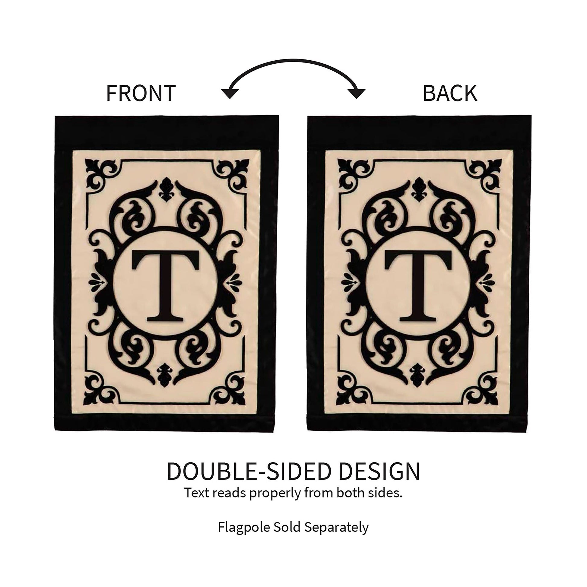 Cambridge Monogram Garden Applique Flag Letter T beige panel with black ornate frame two-sided on Tampa Home & Garden Store