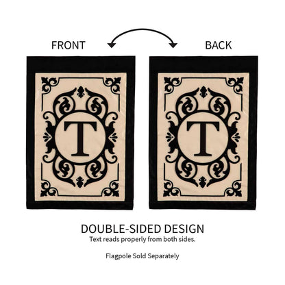 Cambridge Monogram Garden Applique Flag Letter T beige panel with black ornate frame two-sided on Tampa Home & Garden Store