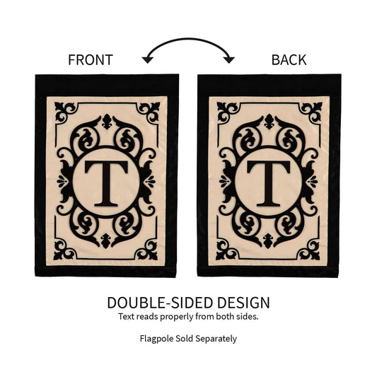 Cambridge Monogram Garden Applique Flag Letter T beige panel with black ornate frame two-sided on Tampa Home & Garden Store