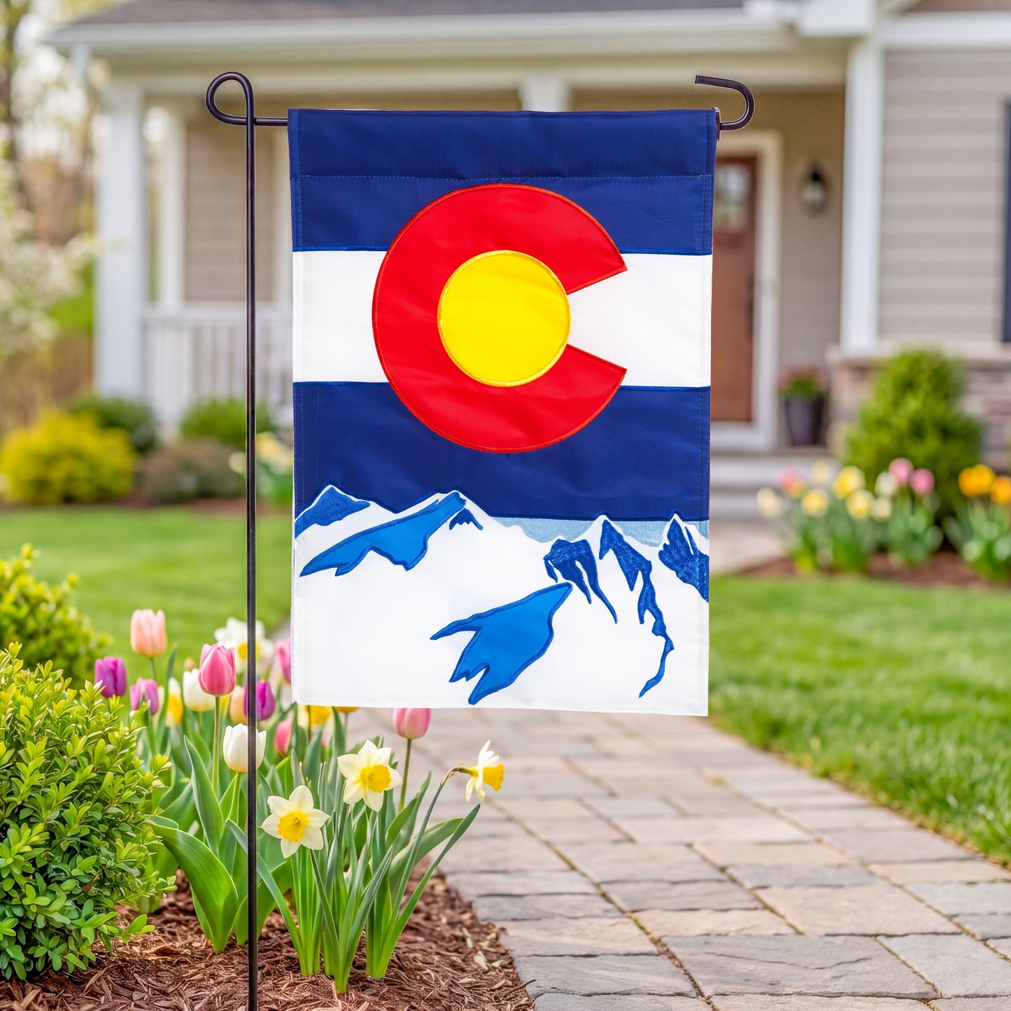Colorado State Garden Applique Flag with blue stripes, red C and yellow circle on Tampa Home & Garden Store