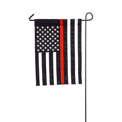 Thin Red Line Garden Applique Flag, black with white stars and red stripe, on metal stand on Tampa Home & Garden Store