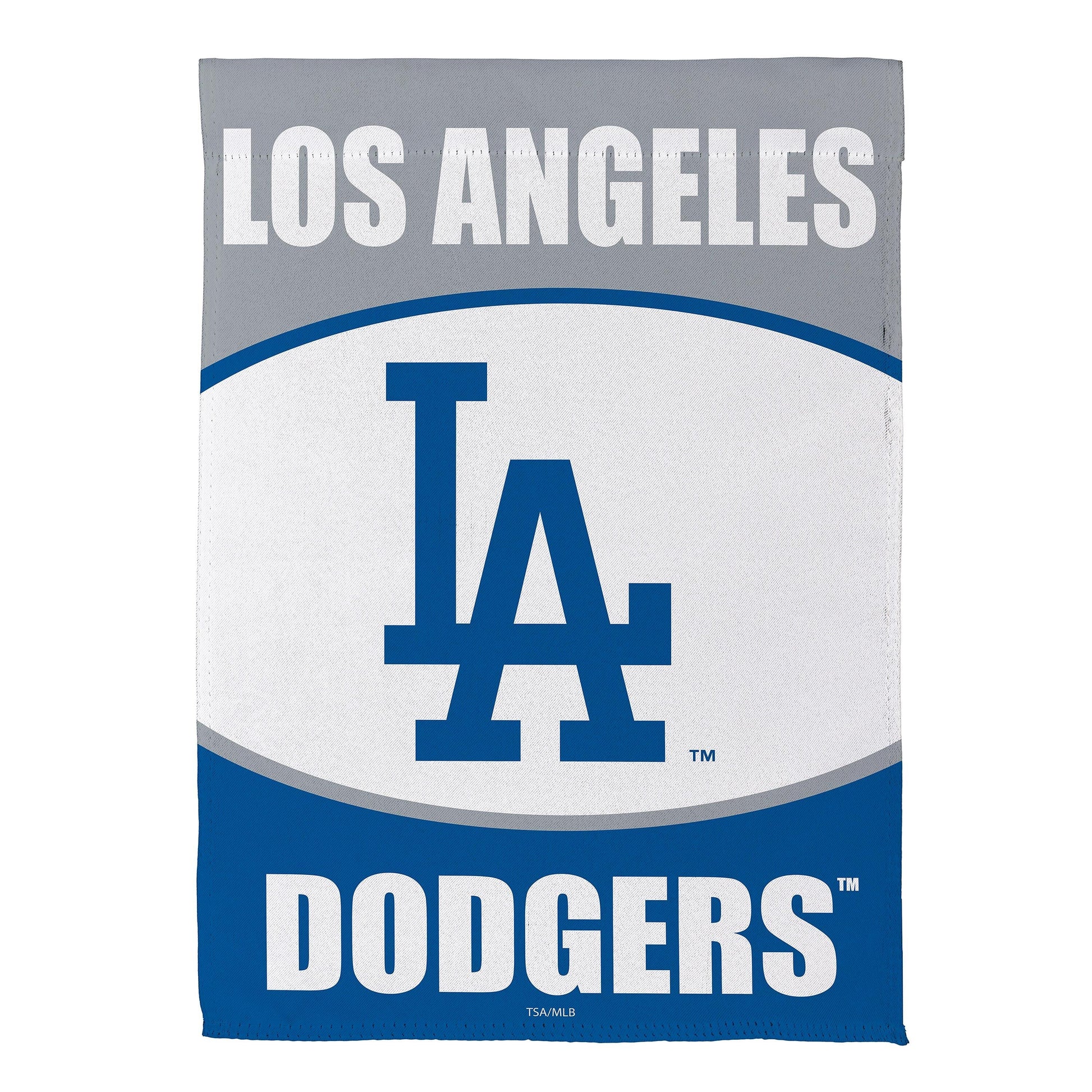 Los Angeles Dodgers suede flag by Evergreen Enterprises, blue and grey sports fan accessory on Tampa Home & Garden Store