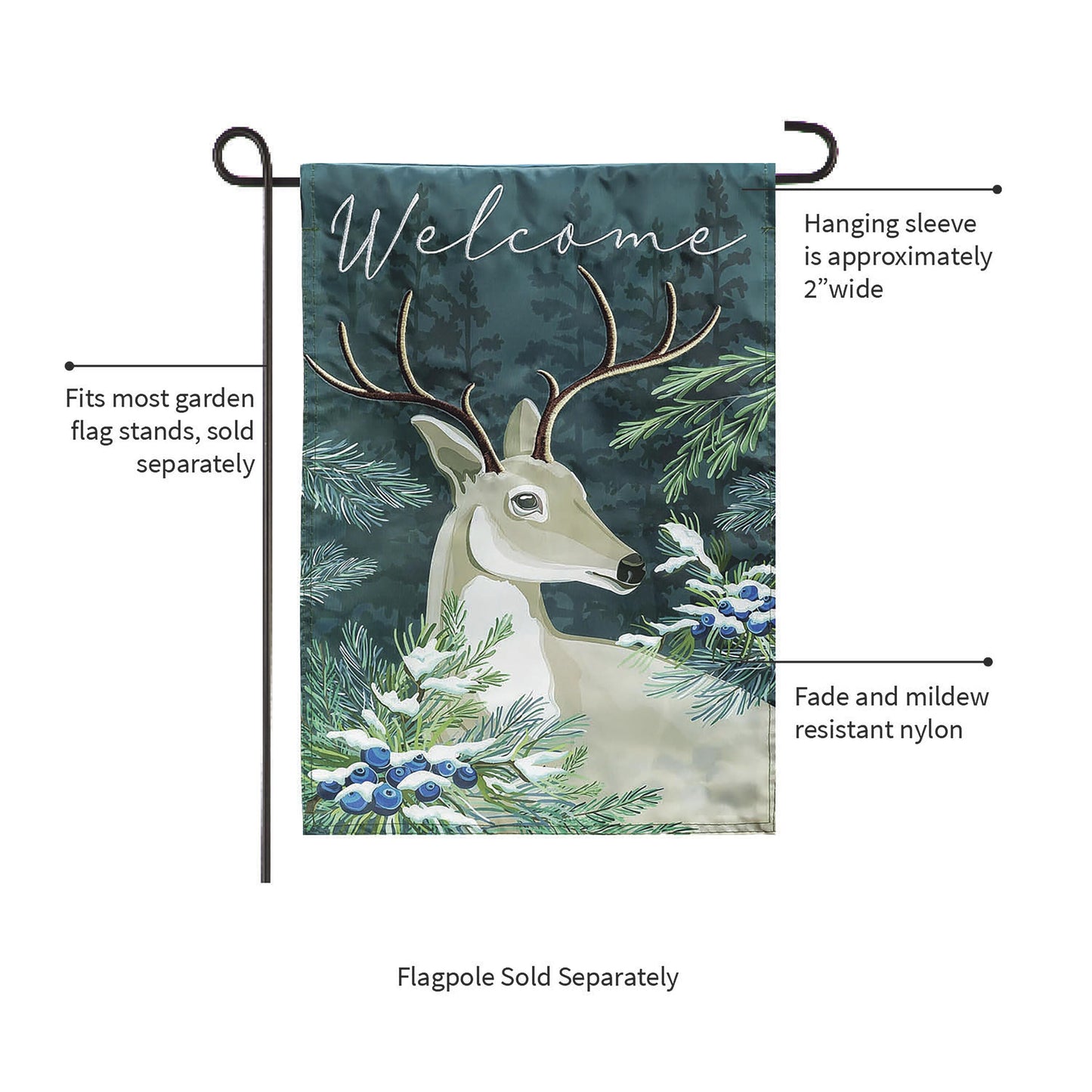 Woodland Deer Welcome Applique Garden Flag teal forest backdrop with deer by Evergreen Enterprises on Tampa Home & Garden Store