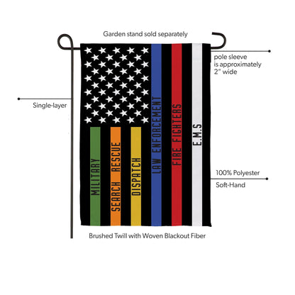 Responders Thin Line Garden Suede Flag with starry left panel and multicolor stripes on Tampa Home & Garden Store