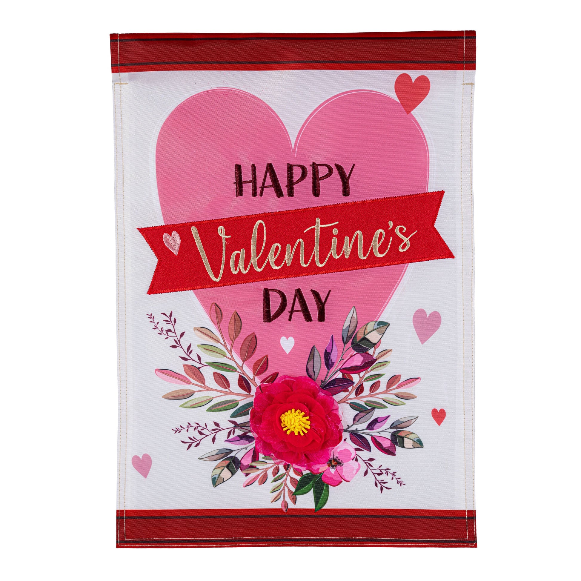 Applique garden flag Happy Valentine's Day with pink heart and floral bouquet on Tampa Home & Garden Store