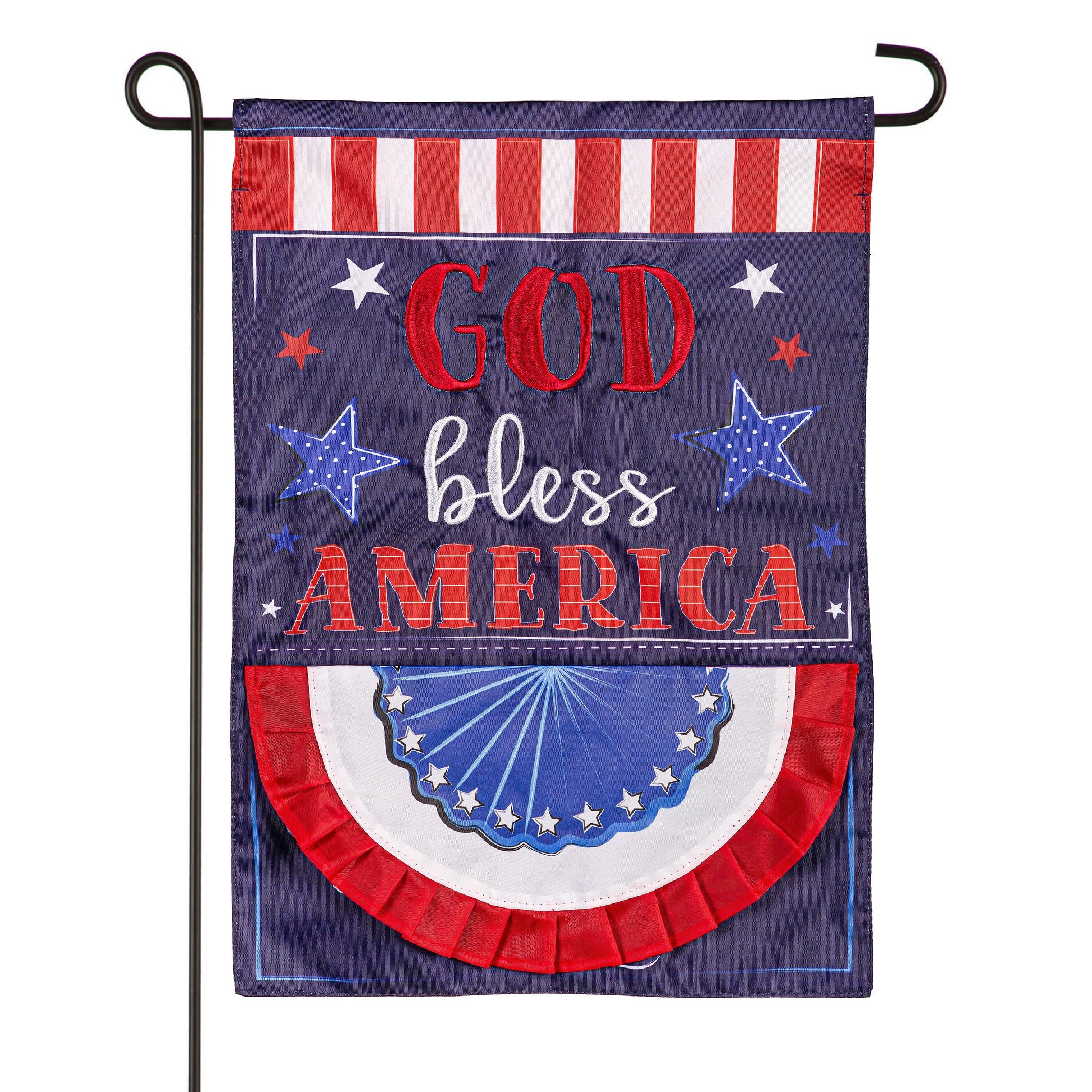 Patriotic God Bless America applique garden flag red white blue on Tampa Home & Garden Store