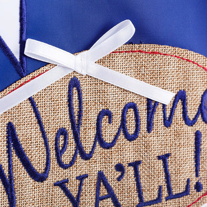 Texas Blue Bonnets Garden Applique Flag close-up, blue fabric with white bow and burlap base on Tampa Home & Garden Store