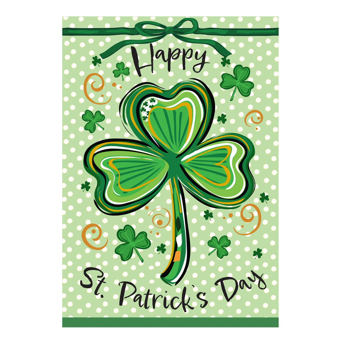 Happy St. Patrick's Day Shamrock Applique Flag with green clovers on polka-dot background on Tampa Home & Garden Store