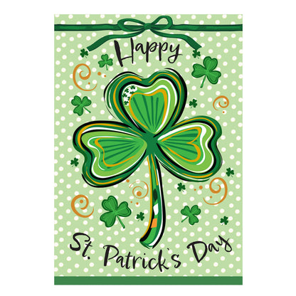 Happy St. Patrick's Day Shamrock Applique Flag with green clovers on polka-dot background on Tampa Home & Garden Store