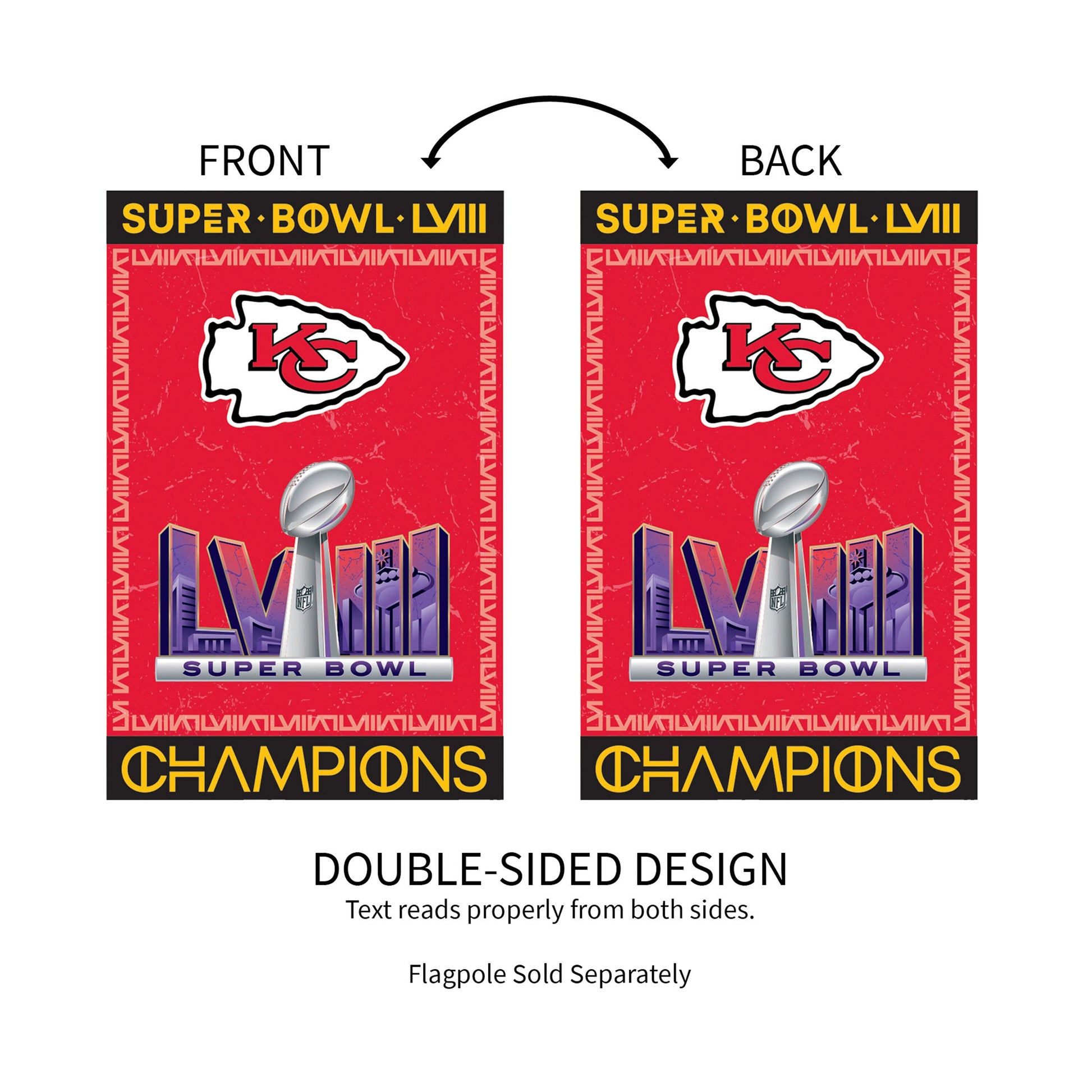 Pair of suede flags Kansas City Chiefs SB58 Champions; red with KC logo, double-sided Evergreen on Tampa Home & Garden Store