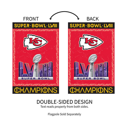 Pair of suede flags Kansas City Chiefs SB58 Champions; red with KC logo, double-sided Evergreen on Tampa Home & Garden Store