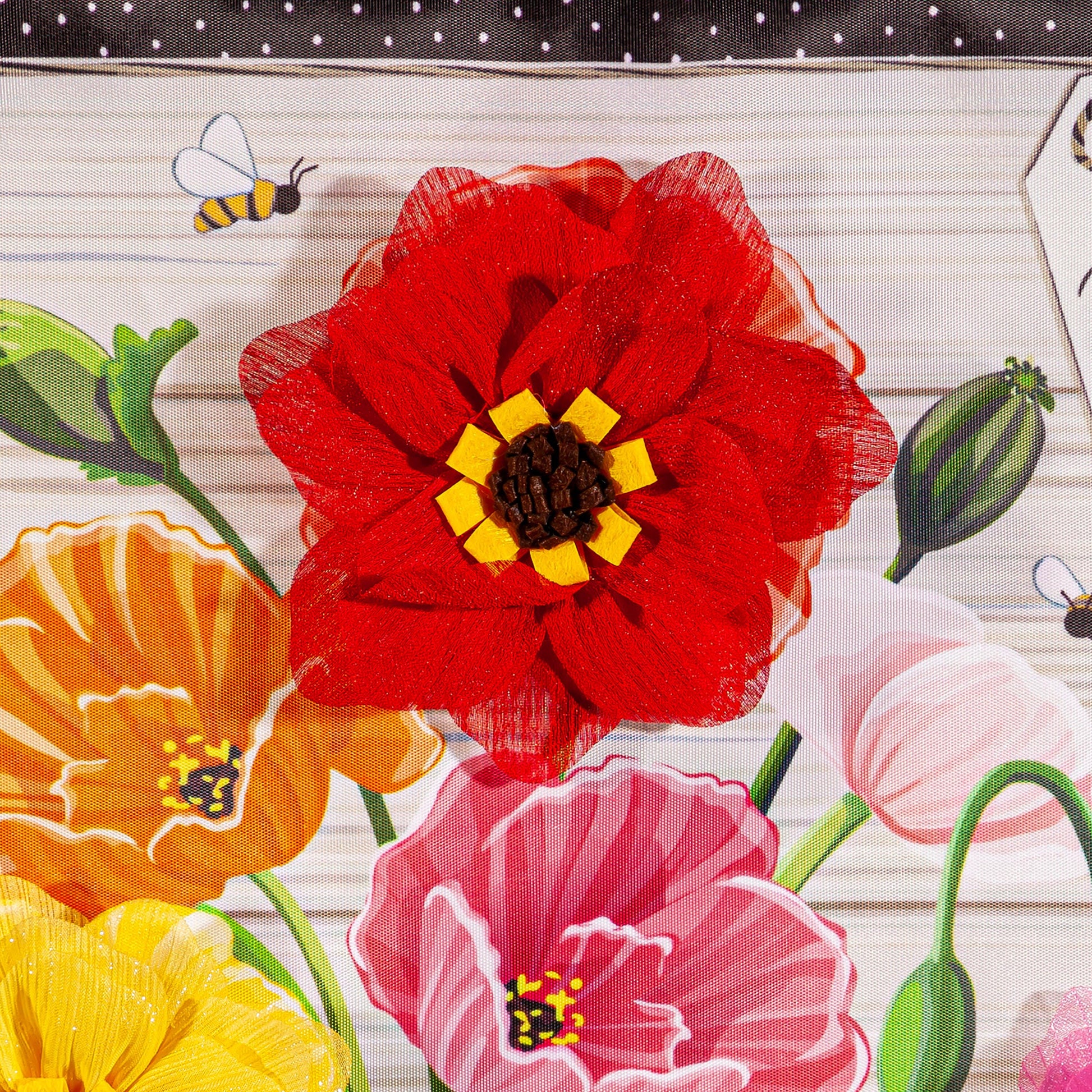 Poppies and Painted Cans Applique Garden Flag red petals with yellow centers bee motif on Tampa Home & Garden Store