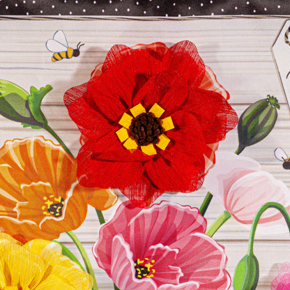 Poppies and Painted Cans Applique Garden Flag red petals with yellow centers bee motif on Tampa Home & Garden Store