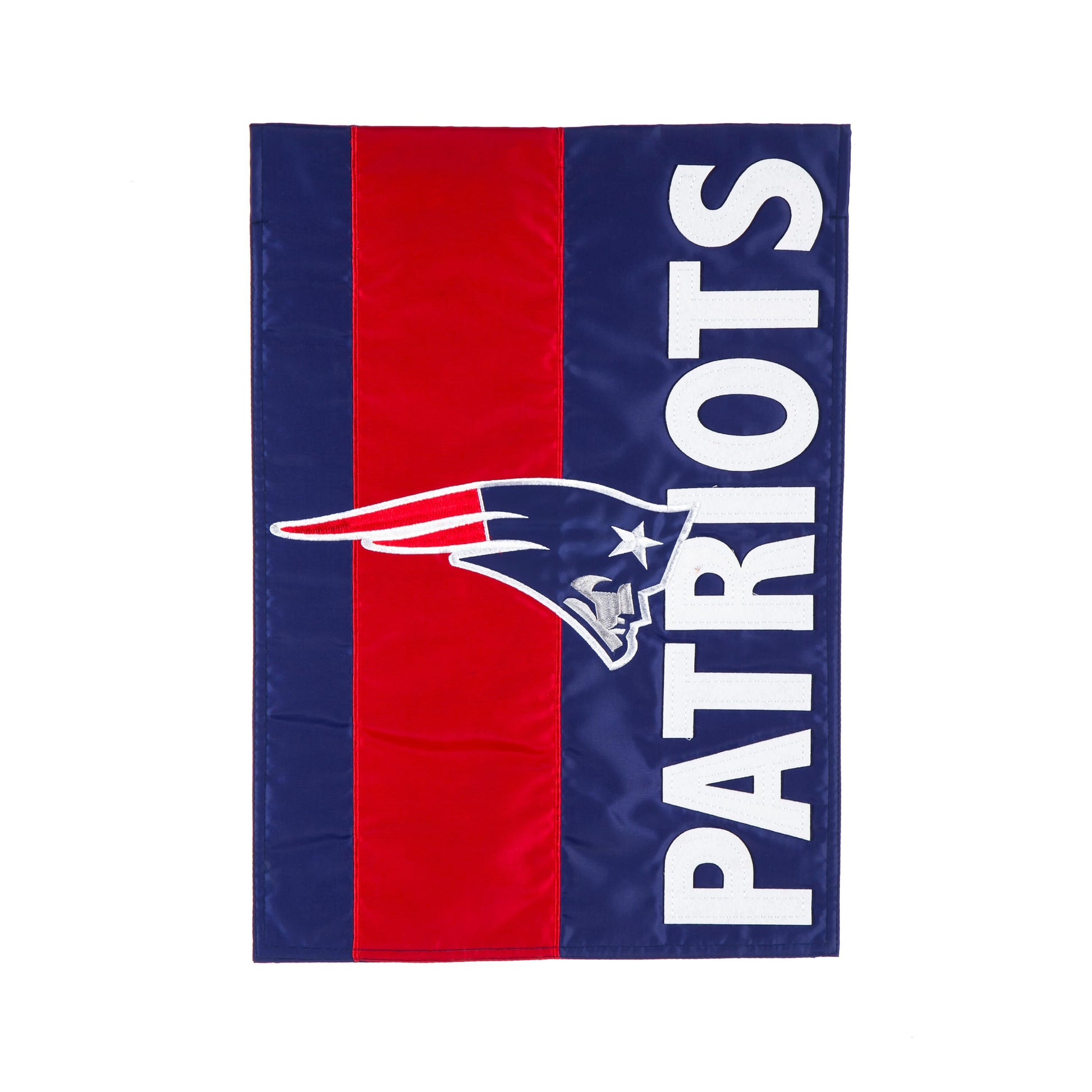 New England Patriots Garden Flag blue-red applique with white PATRIOTS lettering on Tampa Home & Garden Store