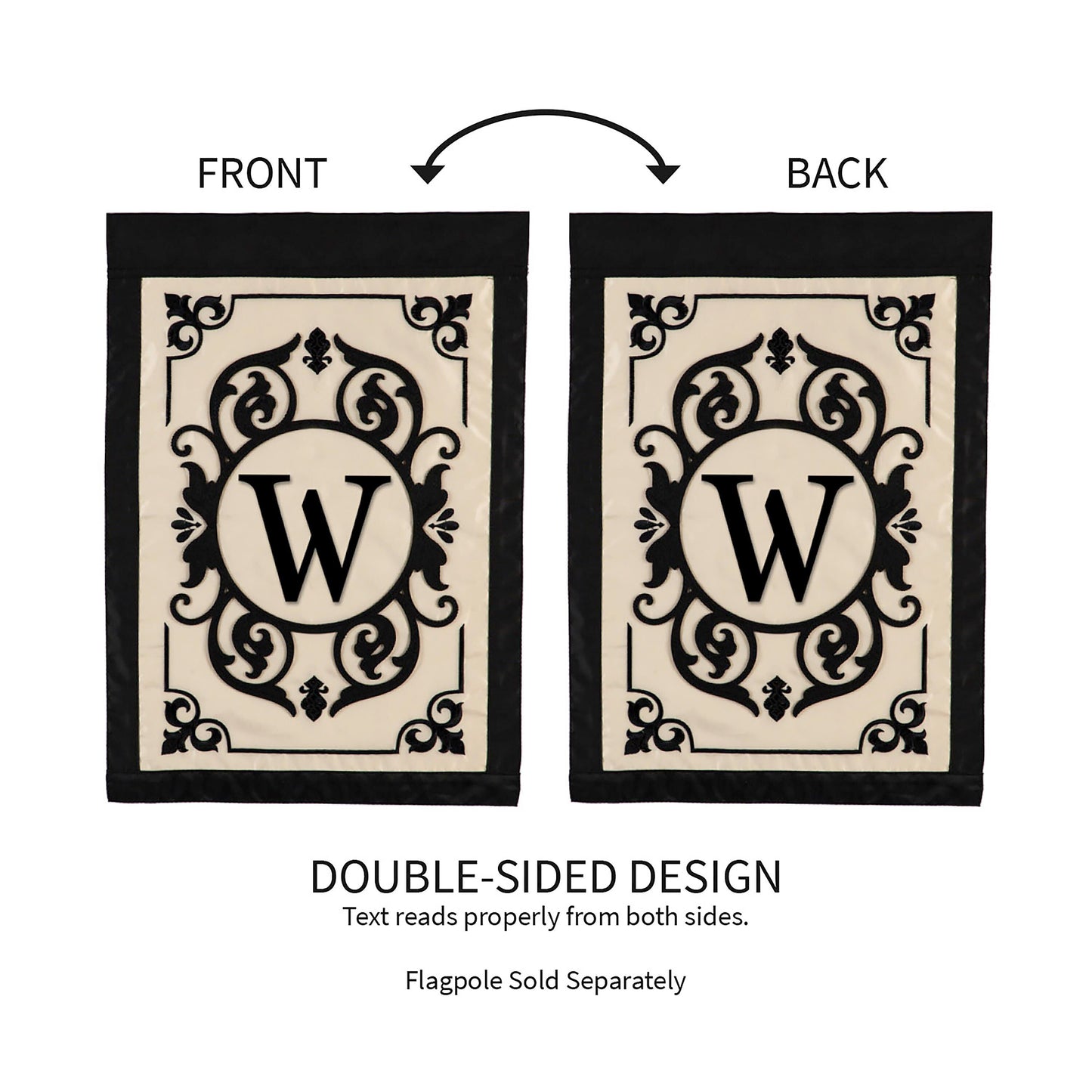 Cambridge Monogram Garden Flag Letter W, beige panels with ornate black W, black border (2) on Tampa Home & Garden Store