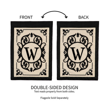 Cambridge Monogram Garden Flag Letter W, beige panels with ornate black W, black border (2) on Tampa Home & Garden Store