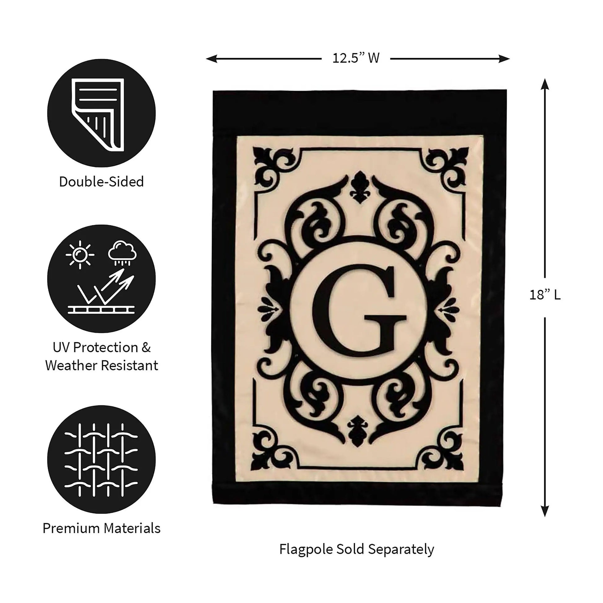 Cambridge Monogram Garden Applique Flag G by Evergreen Enterprises, beige with black G motif on Tampa Home & Garden Store