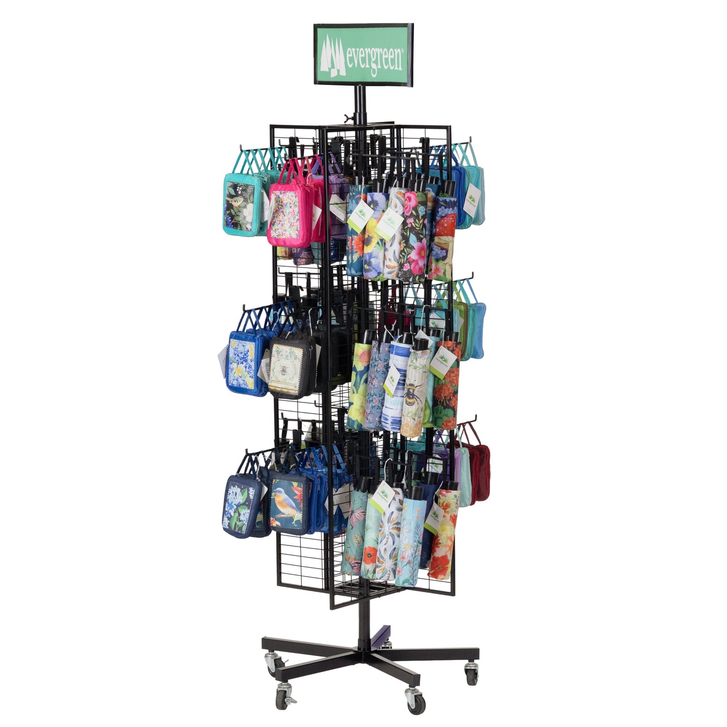 Flag grid display with pinwheel holder on Evergreen stand with fabric pouches on wheels on Tampa Home & Garden Store