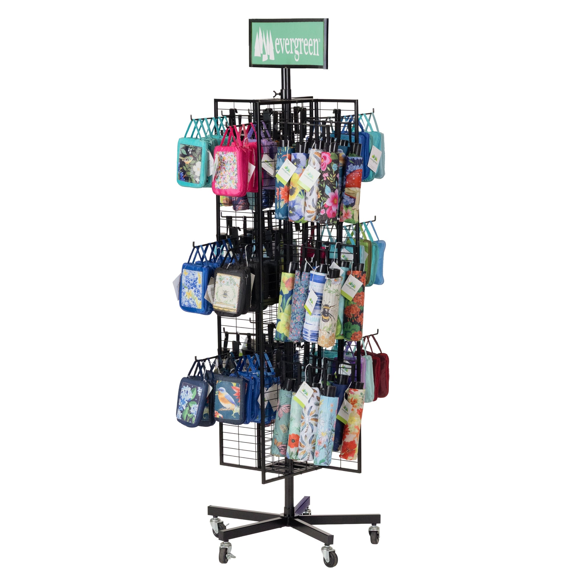 Flag grid display with pinwheel holder on Evergreen stand with fabric pouches on wheels on Tampa Home & Garden Store