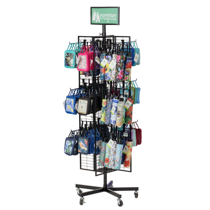 Flag grid display with pinwheel holder on Evergreen stand with fabric pouches on wheels on Tampa Home & Garden Store