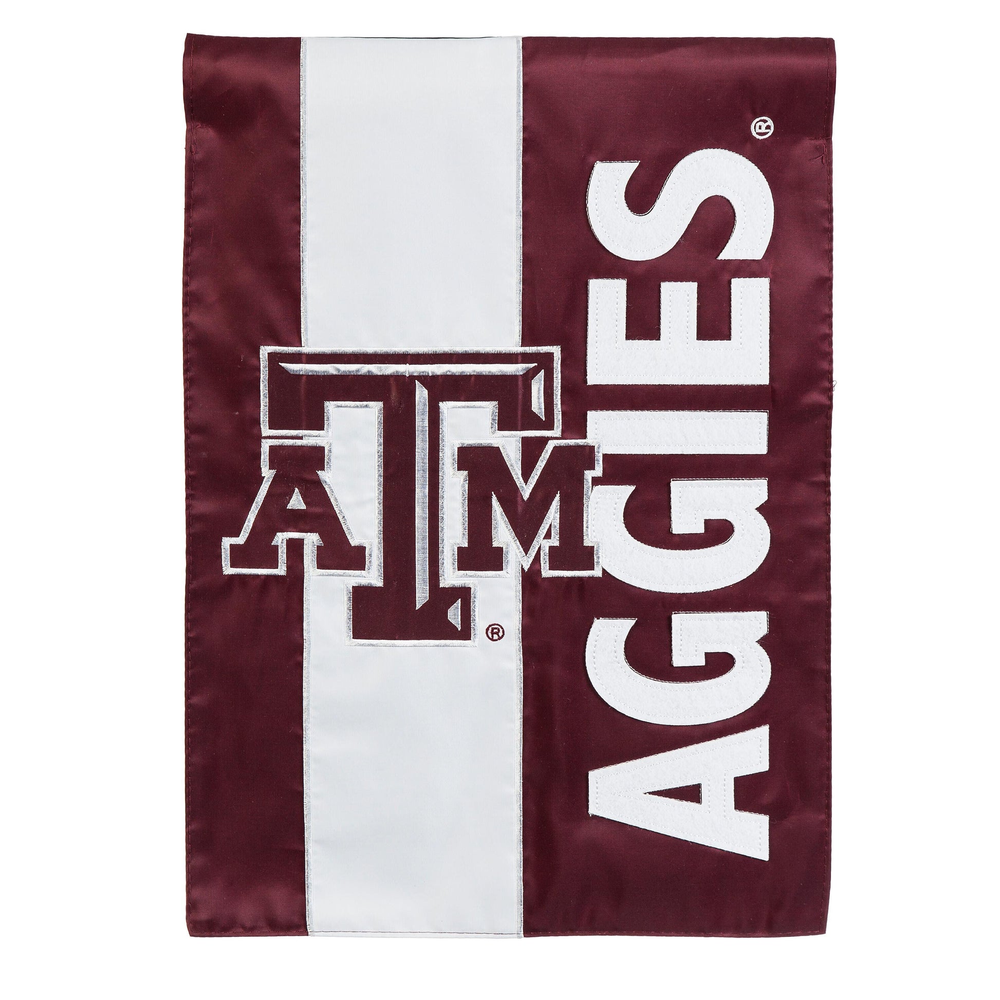 Texas A&M embellished garden flag applique on maroon fabric with large white letters on Tampa Home & Garden Store
