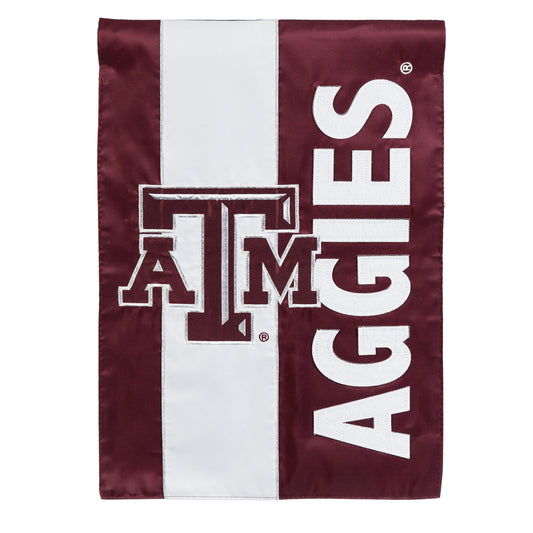 Texas A&M embellished garden flag applique on maroon fabric with large white letters on Tampa Home & Garden Store