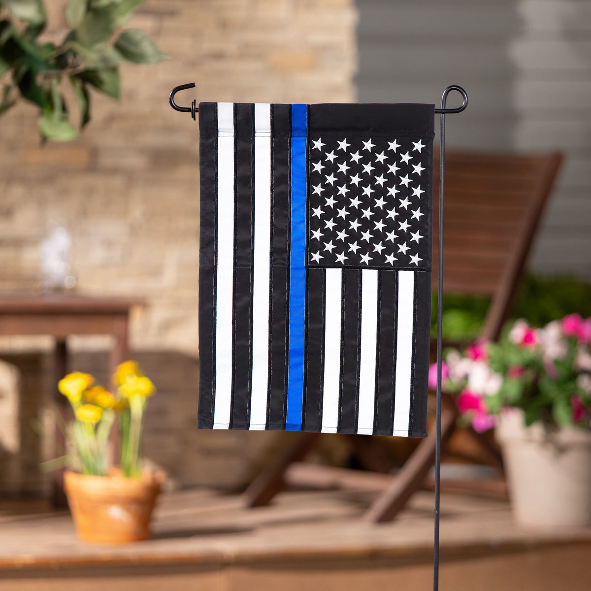 Thin Blue Line Garden Applique Flag with black white stripes blue line stars by Evergreen on Tampa Home & Garden Store