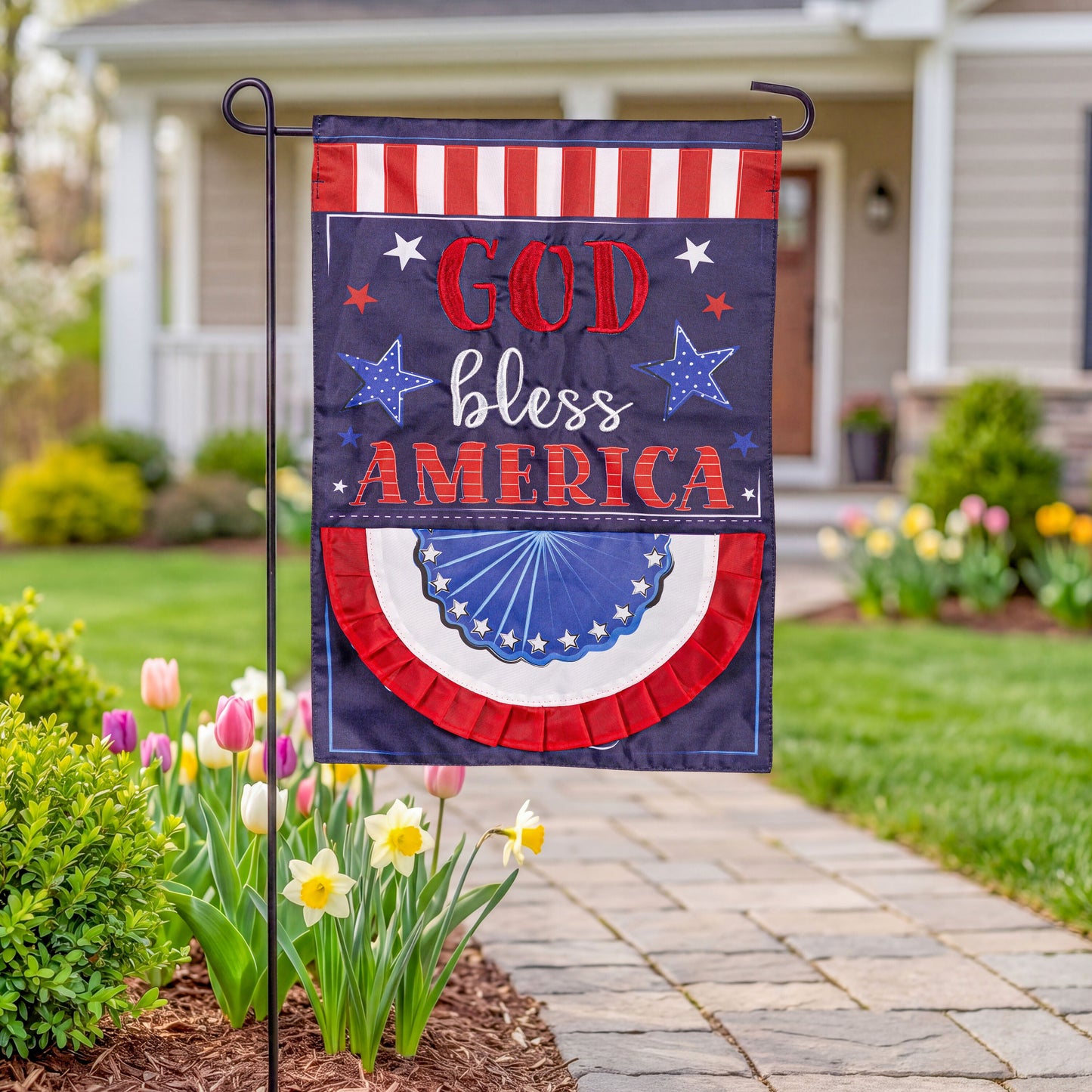Patriotic God Bless America applique garden flag red white blue stars on stake on Tampa Home & Garden Store