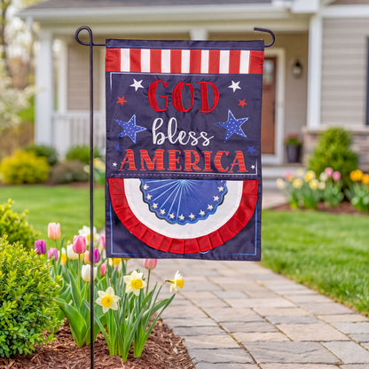 Patriotic God Bless America applique garden flag red white blue stars on stake on Tampa Home & Garden Store