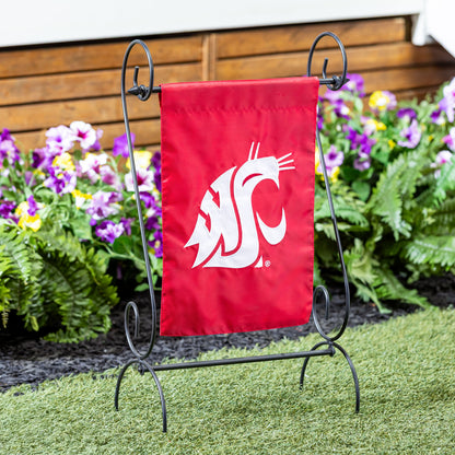 WSU applique garden flag red fabric with white logo on metal stand Evergreen Enterprises on Tampa Home & Garden Store