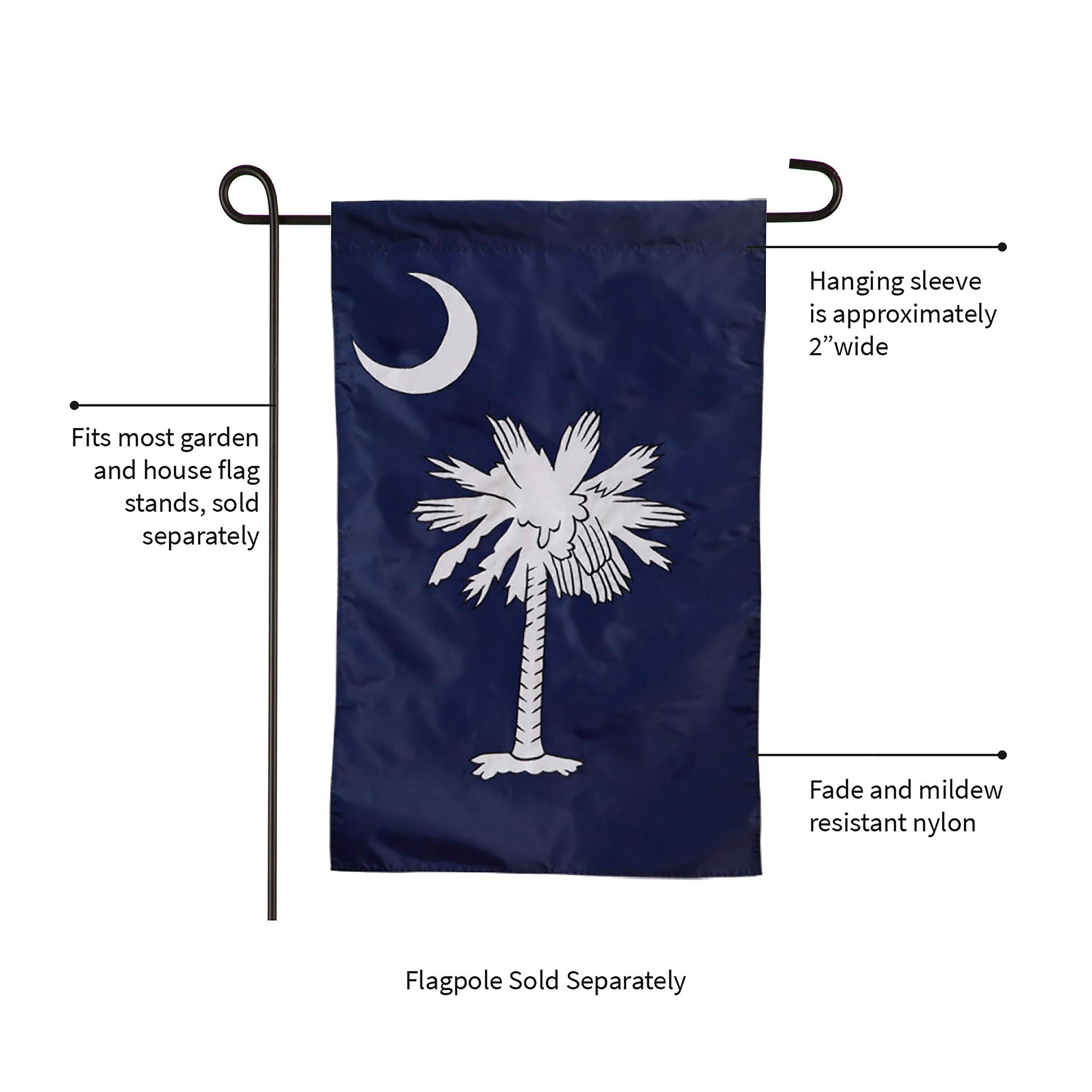South Carolina Garden Applique Flag navy blue with white palmetto tree and crescent on Tampa Home & Garden Store