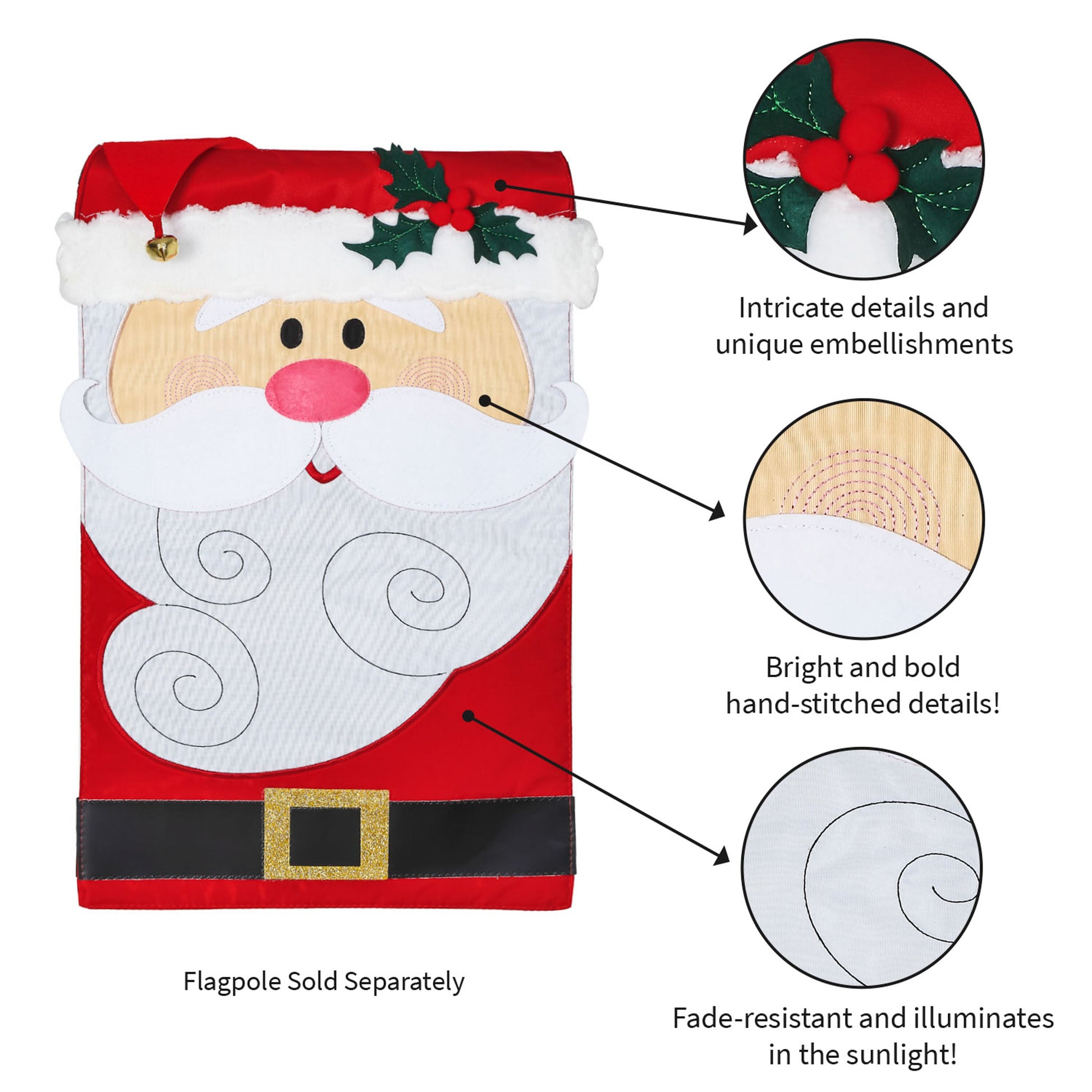 Santa Claus Garden Applique Flag Evergreen with red hat and white fur trim holly accent on Tampa Home & Garden Store
