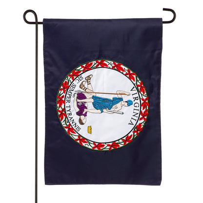Virginia state flag applique garden flag on navy fabric with circular seal on Tampa Home & Garden Store