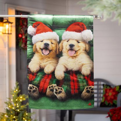 Cozy Goldies Lustre Garden Flag golden retrievers in Santa hats on green background on Tampa Home & Garden Store